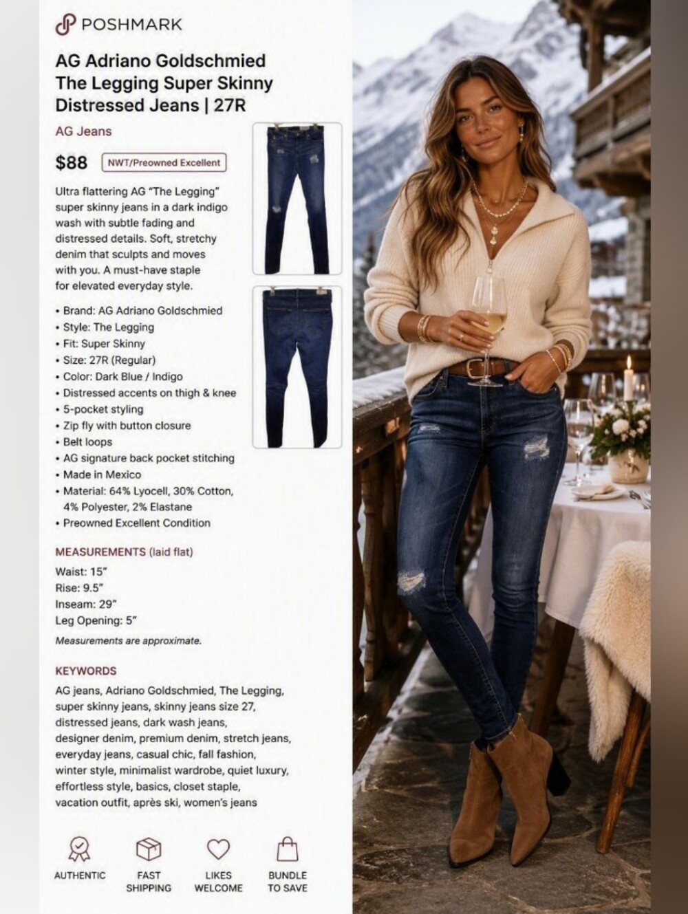 ✨AG The Legging Super Skinny Distressed Jeans Dark Wash 27R FREE 🎁👇